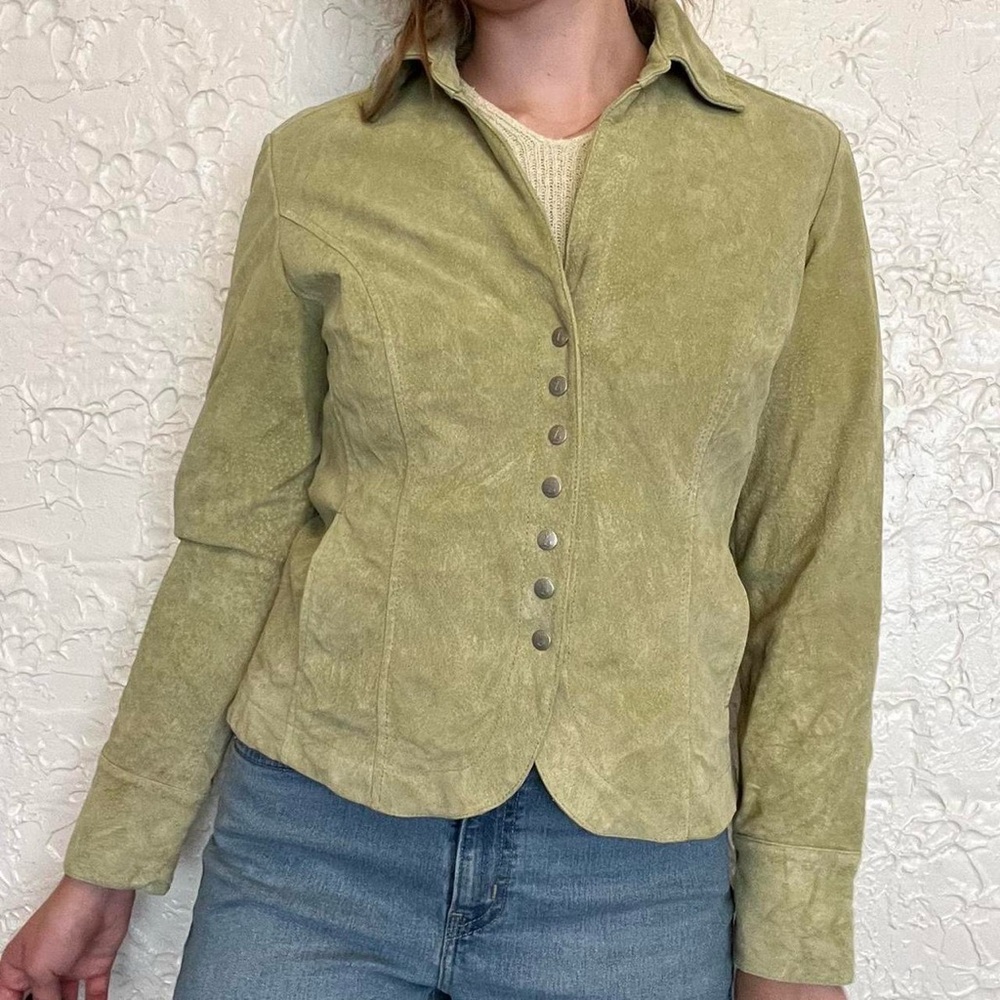 Stylish Green Button-Up Suede Leather Jacket